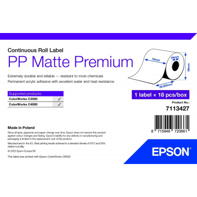 Epson 7113427 PP Matte, pre ColorWorks, 76mmx29m, polypropylén, biele samolepiace etikety