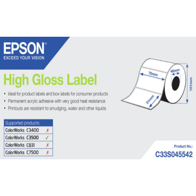 Epson C33S045542 High Gloss, pre ColorWorks, 76x51mm, 610ks, biele samolepiace etikety