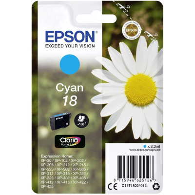 Epson originálna cartridge C13T18024012, T180240, cyan, 3,3ml, Epson Expression Home XP-102, XP-402, XP-405, XP-302
