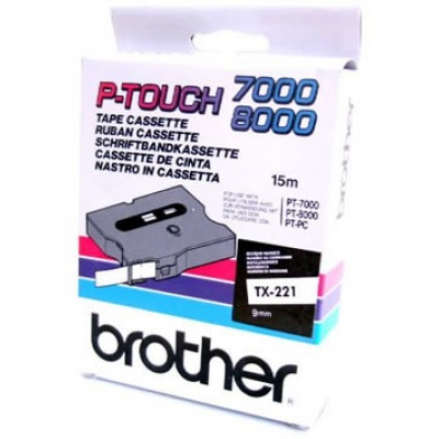 Brother TX-221, 9mm x 8m, čierna tlač / biely podklad, originálna páska