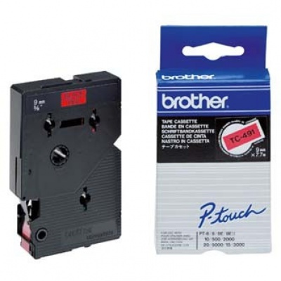 Brother TC-491, 9mm x 7,7m, čierna tlač / červený podklad, originálna páska