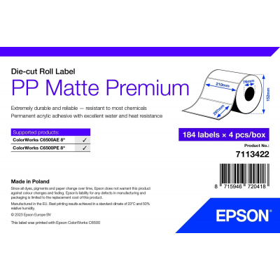Epson 7113422 PP Matte, pre ColorWorks, 210x297mm, 184ks, polypropylén, biele samolepiace etikety