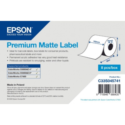 Epson C33S045741 Premium Matte, pre ColorWorks, 102mmx60m, biele samolepiace etikety