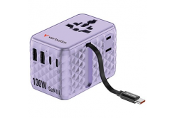 Verbatim, Cestovní adaptér univerzální Charge ,n, Travel 2x USB-C, 2X USB-A + 1x integrovaný kabel USB-C, fialová, 100 W