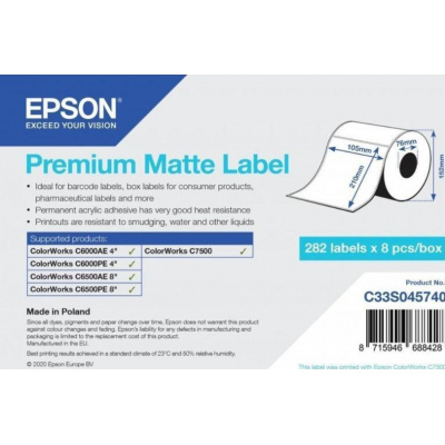 Epson C33S045740 Premium Matte, pre ColorWorks, 105x210mm, 282ks, biele samolepiace etikety