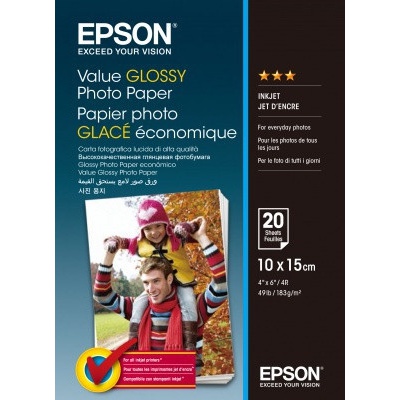 Epson Value Glossy Photo Paper, bílý lesklý foto papír 10x15cm, 183 g/m2, 20 ks, C13S400037