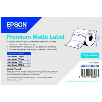 Epson C33S045533 Premium Matte, pro ColorWorks, 102x152mm, 225ks, bílé samolepicí etikety