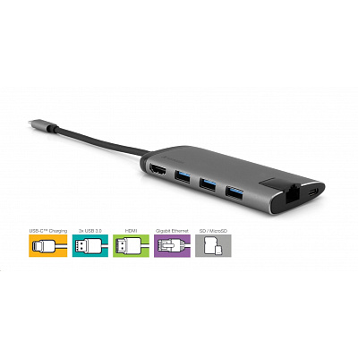 VERBATIM Dokovací stanice USB-C 7v1, 1xHDMI, 1xUSB-C, 3xUSB, 1xRJ45, čtečka SD karet, šedá