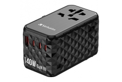 Verbatim UTA-10 GaN III 32125, Univerzálny cestovný adaptér, 2x USB-C PD a QC 4+, 1x USB-C PD 3.0, 1x USB-A QC, čierny, 140 W