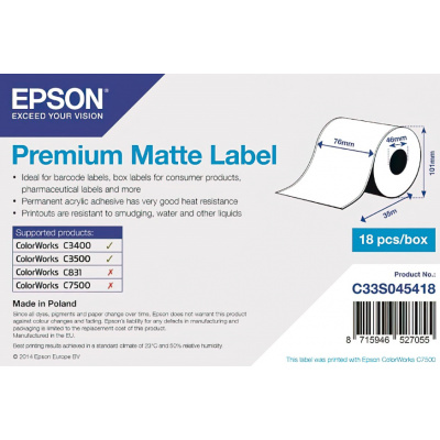 Epson C33S045418 Premium Matte, pre ColorWorks, 76mmx35m, biele samolepiace etikety