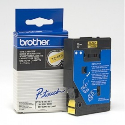 Brother TC-601, 12mm x 7,7m, čierna tlač / žltý podklad, originálna páska