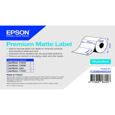 Epson C33S045533 Premium Matte, pre ColorWorks, 102x152mm, 225ks, biele samolepiace etikety