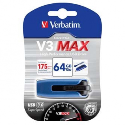 Verbatim 49807 Store N Go V3 MAX, USB flash disk, USB A 3.0, 64GB, s výsuvným konektorom, modrý