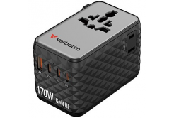 Verbatim 30190, Univerzálny cestovný adaptér Charge ,n, Travel 2x USB-C, 2X USB-A + 1x integrovaný kábel USB-C, čierná, 170 W