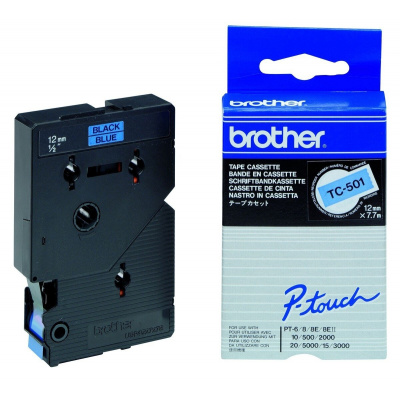 Brother TC-501, 12mm x 7,7m, čierna tlač / modrý podklad, laminovaná, originálna páska