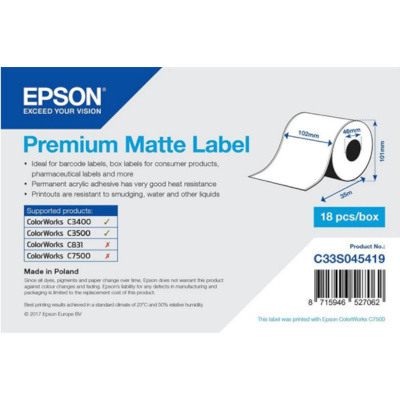 Epson C33S045419 Premium Matte, pre ColorWorks, 102mmx35m, biele samolepiace etikety