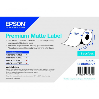 Epson C33S045727 Premium Matte, pre ColorWorks, 105mmx35m, biele samolepiace etikety