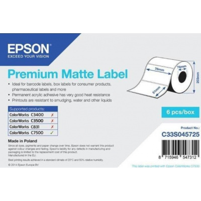 Epson C33S045725 Premium Matte, pre ColorWorks, 76x51mm, 2310ks, biele samolepiace etikety