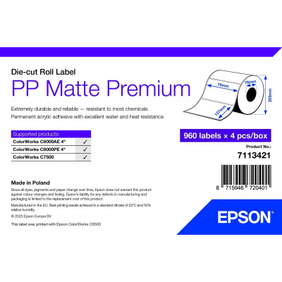 Epson 7113421 PP Matte, pre ColorWorks, 76x127mm, 960ks, polypropylén, biele samolepiace etikety