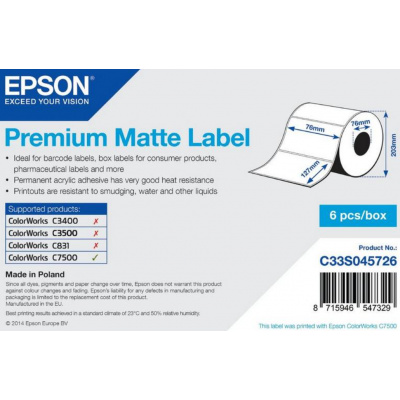 Epson C33S045726 Premium Matte, pre ColorWorks, 76x127mm, 960ks, biele samolepiace etikety
