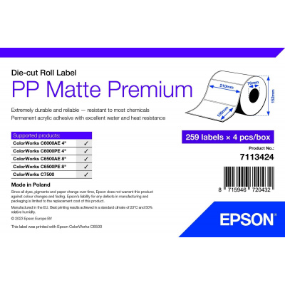 Epson 7113424 PP Matte, pre ColorWorks, 105x210mm, 259ks, polypropylén, biele samolepiace etikety