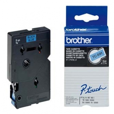 Brother TC-591, 9mm x 7,7m, čierna tlač / modrý podklad, originálna páska