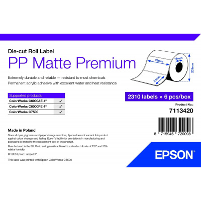 Epson 7113420 PP Matte, pre ColorWorks, 76x51mm, 2310ks, polypropylén, biele samolepiace etikety