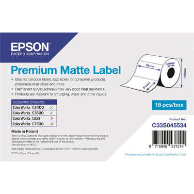 Epson C33S045534 Premium Matte, pre ColorWorks, 76x51mm, 650ks, biele samolepiace etikety