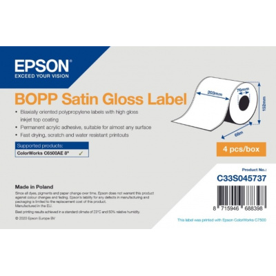 Epson C33S045737 BOPP Satin Gloss, pre ColorWorks, 203mmx68m, biele samolepiace etikety