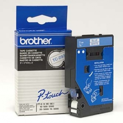 Brother TC-293, 9mm x 7,7m, modrá tlač / biely podklad, originálna páska