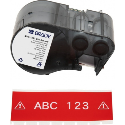 Brady M5C-1500-595-RD-WT / 170943, 38.10 mm x 7.62 m, Vinyl, biela tlač / červený podklad