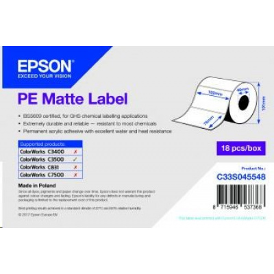 Epson C33S045548 PE Matte, pro ColorWorks, 102x76mm, 365ks, polyethylen, bílé samolepicí etikety