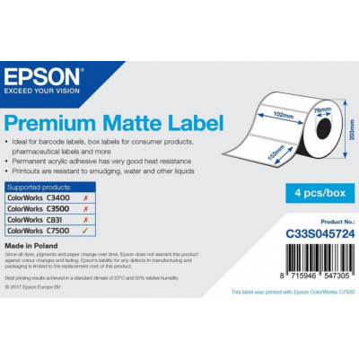 Epson C33S045724 Premium Matte, pre ColorWorks, 102x152mm, 800ks, biele samolepiace etikety