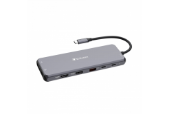 Verbatim 32153 USB-C Hub, Multiport Pro 13 Port, 6x USB-A, 2x USB-C, 2x HDMI, DP, RJ45, 3.5mm Jack audio, sivá