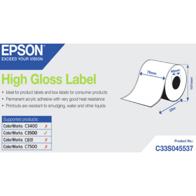 Epson C33S045537 High Gloss, pre ColorWorks, 76mmx33m, biele samolepiace etikety