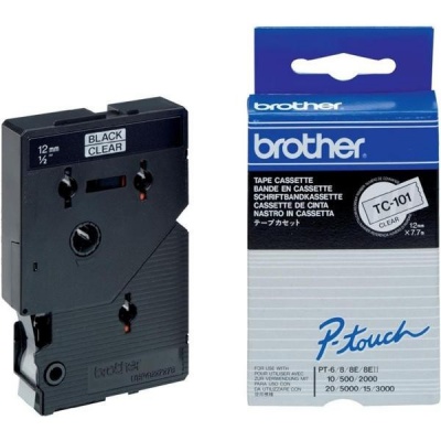 Brother TC-101, 12mm x 7,7m, čierna tlač / priehľadný podklad, originálna páska