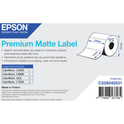 Epson C33S045531 Premium Matte, pre ColorWorks, 102x51mm, 650ks, biele samolepiace etikety