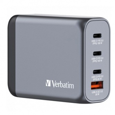 Verbatim GaN 32202, cestovná nabíjačka do siete, USB 3.0, USB C, sivá, 100 W, vymeniteľné vidlice C,G,A