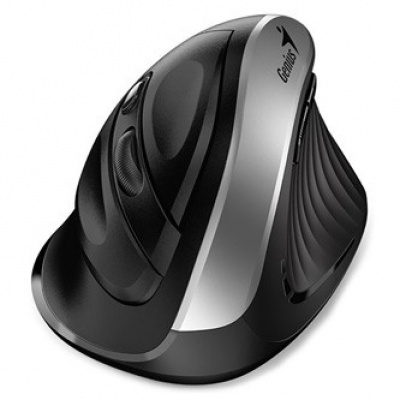 Genius Myš Ergo 8250S 31030031401, 1600DPI, 2.4 [GHz], optická, 6tl., bezdrátová, černo-stříbrná, 1 ks AA, vertikální