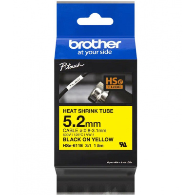 Brother HSe-611E Pro Tape, 5.2 mm  x 1.5 mm, čierna tlač / žltý podklad, originálna páska