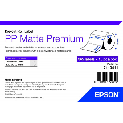 Epson 7113411 PP Matte, pre ColorWorks, 102x76mm, 365ks, polypropylén, biele samolepiace etikety