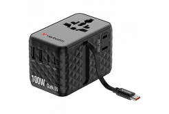 Verbatim 30191, Univerzálny cestovný adaptér Charge ,n, Travel 2x USB-C, 2X USB-A + 1x integrovaný kábel USB-C, čierná, 100 W
