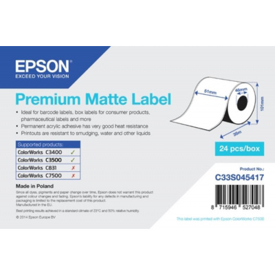 Epson C33S045417 Premium Matte, pre ColorWorks, 51mmx35m, biele samolepiace etikety