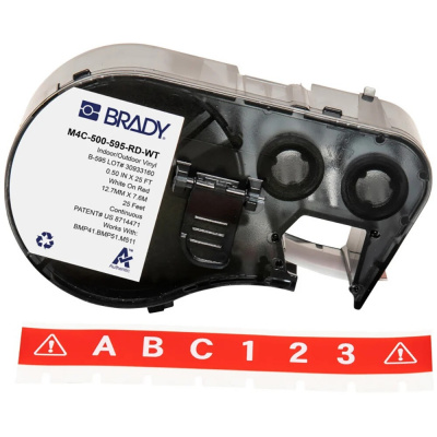Brady M4C-500-595-RD-WT / 170817, 12.70 mm x 7.62 m, Vinyl, biela tlač / červený podklad