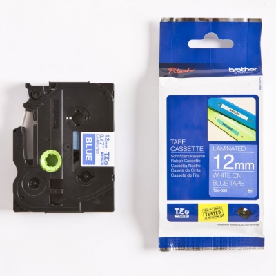Brother TZ-535 / TZe-535, 12mm x 8m, biela tlač / modrý podklad, originálna páska