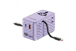 Verbatim, Cestovní adaptér univerzální Charge ,n, Travel 1x USB-C, 1X USB-A + 2x integrovaný kabel USB-C, fialová, 70 W