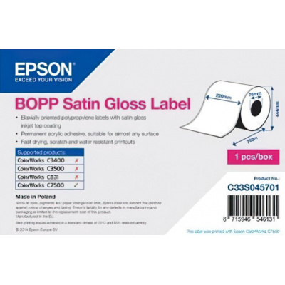 Epson C33S045701 BOPP Satin Gloss, pre ColorWorks, 220mmx750m, polypropylén, biele samolepiace etikety